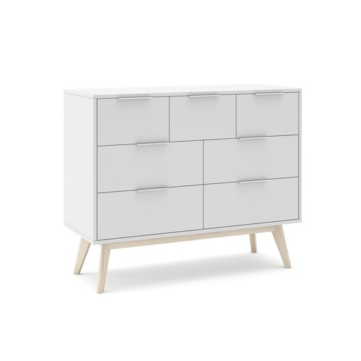 Pine chest of drawers in white and natural color, 120 x 40 x 83 cm | Campus