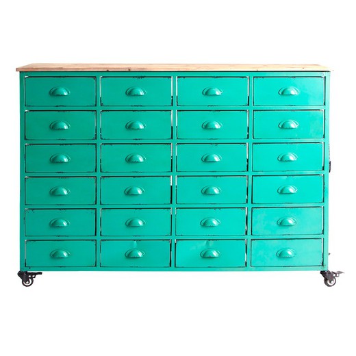 Blue and natural oak and iron chest of drawers, 130 x 35 x 94 cm | Malton