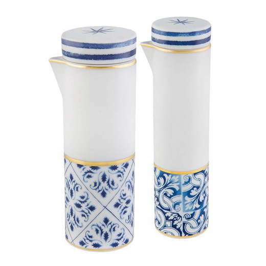 Conjunto de aceitera y vinagrera de porcelana en azul, blanco y dorado, 26,5 x 18 x 12 cm | Transatlântica