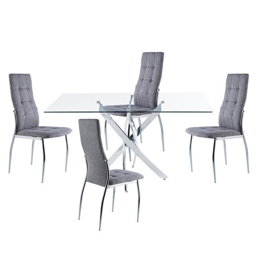 Conjunto de Comedor, 1 mesa de comedor rectangular de cristal templado y 4 sillas en gris | Thunder - Diana