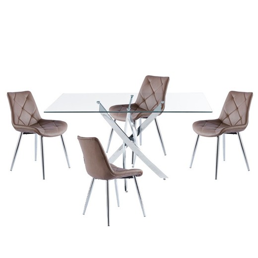 Conjunto de Comedor, 1 mesa de comedor rectangular de cristal templado y 4 sillas en topo| Thunder - Marlene