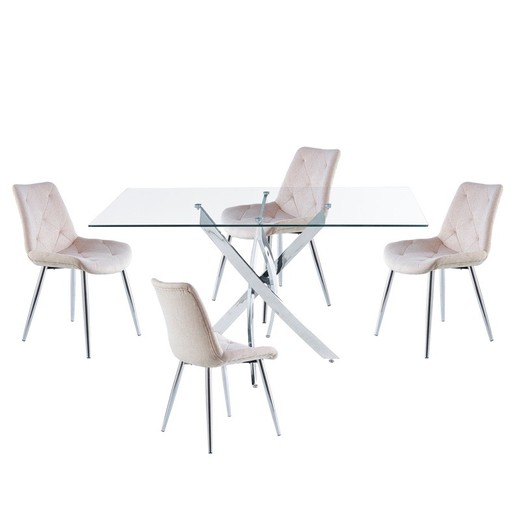 Conjunto de Comedor formado por una mesa de comedor rectangular de cristal templado y 4 sillas tapizadas en beige| Thunder - Marlene
