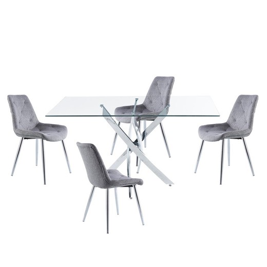Conjunto de Comedor, 1 mesa de comedor rectangular de cristal templado y 4 sillas tapizadas en gris | Thunder - Marlene