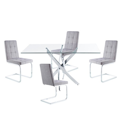 Conjunto de Comedor formado por 1 mesa de comedor rectangular de cristal y 4 sillas tapizadas en gris | Thunder - Vanity
