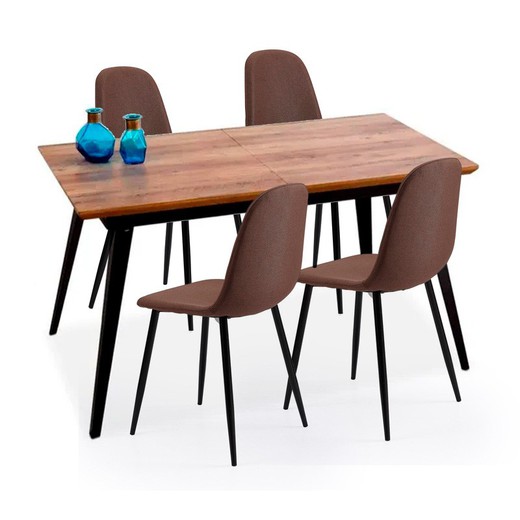 Conjunto de Comedor, 1 mesa extensible en color nogal y 4 sillas en marrón | Branch - Hall