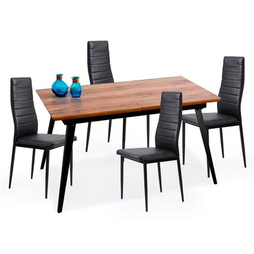 Conjunto de Comedor, 1 mesa extensible en color nogal y 4 sillas en negro | Branch - Niza