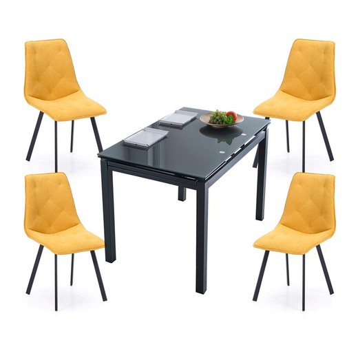 Conjunto de Comedor, 1 mesa extensible en cristal y 4 sillas tapizadas en mostaza| Milán - Diamond