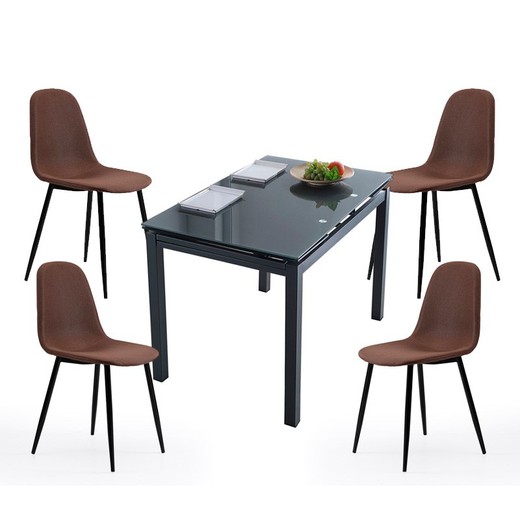 Conjunto de Comedor, 1 mesa extensible en cristal templado y 4 sillas color chocolate | Milán - Hall
