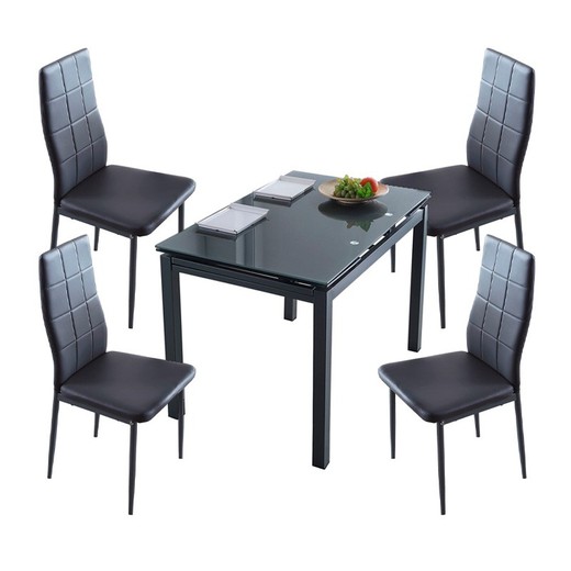 Conjunto de Comedor, 1 mesa extensible de cristal templado y 4 sillas, gris oscuro | Milán - Laia