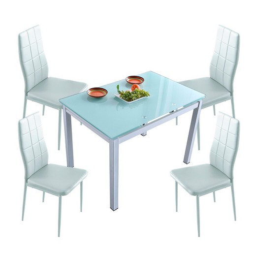 Conjunto de Comedor formado por 1 mesa extensible en cristal y 4 sillas en piel sintética blanca| Milán - Laia