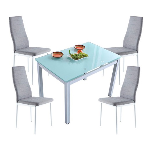 Conjunto de Comedor, 1 mesa extensible en cristal y 4 sillas tapizadas en gris| Milán - Niza