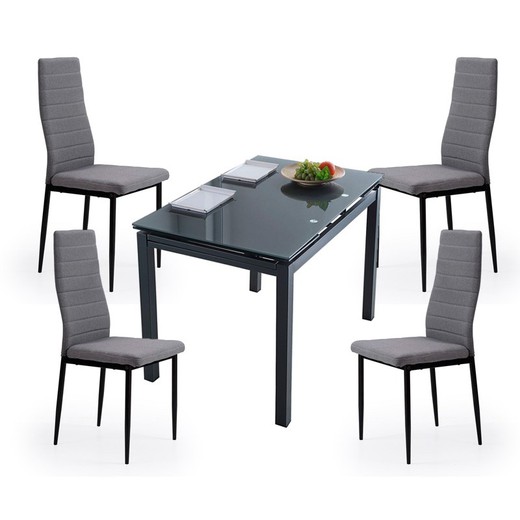 Conjunto de Comedor, 1 mesa extensible de cristal templado y 4 sillas tapizadas en gris| Milán - Niza