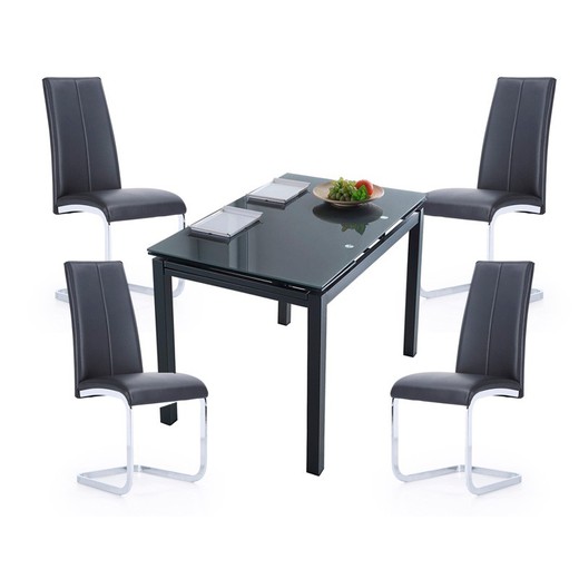 Conjunto de Comedor formado por 1 mesa extensible de cristal y 4 sillas de piel sintética | Milán - Smile