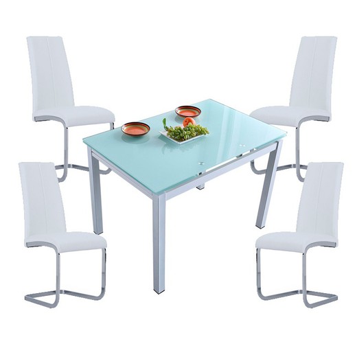 Conjunto de Comedor formado por 1 mesa extensible de cristal templado y 4 sillas de piel sintética| Milán - Smile