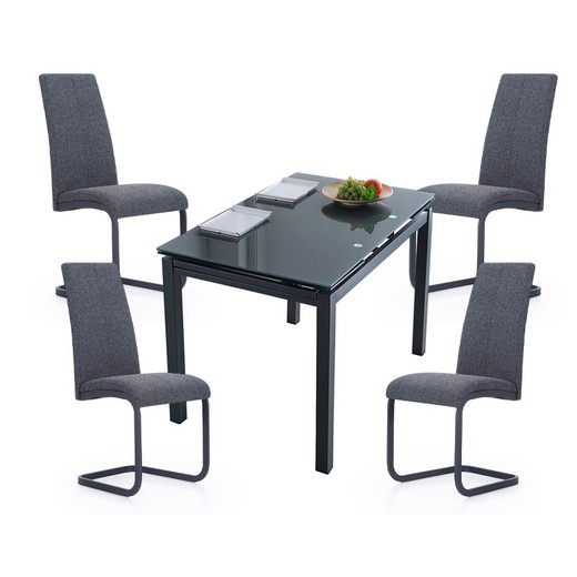 Conjunto de Comedor formado por 1 mesa extensible en cristal y 4 sillas tapizadas | Milán - Smile