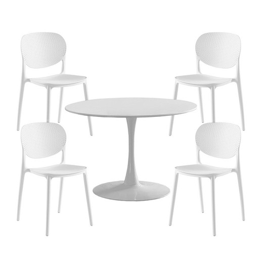 Conjunto de Comedor formado por 1 mesa redonda y 4 sillas en polipropileno blanco | Gina - Corey