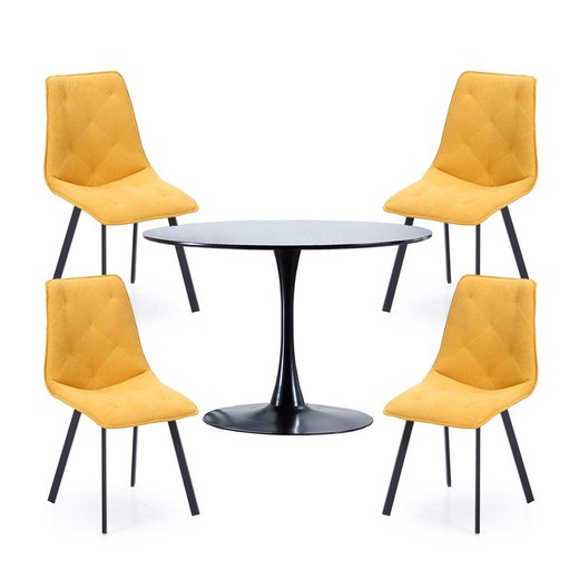Conjunto de Comedor, 1 mesa redonda y 4 sillas mostaza | Gina - Diamond