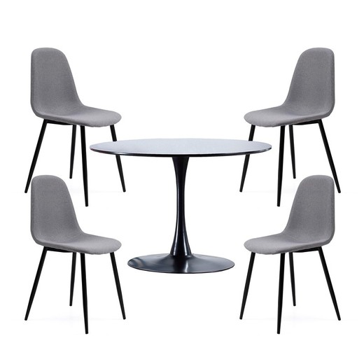 Conjunto de Comedor, 1 mesa redonda negra y 4 sillas en gris | Colecciones Gina - Hall