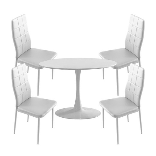 Conjunto de Comedor, 1 mesa redonda y 4 sillas en blanco | Gina - Laia