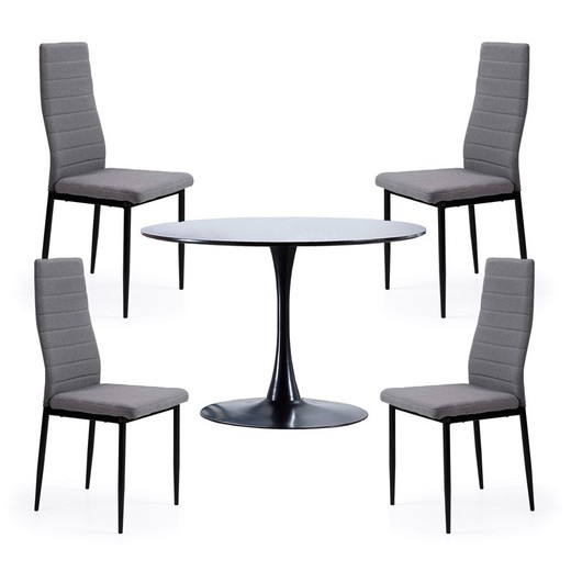 Conjunto de Comedor formado por 1 mesa redonda en negro y 4 sillas tapizadas en gris | Gina - Niza