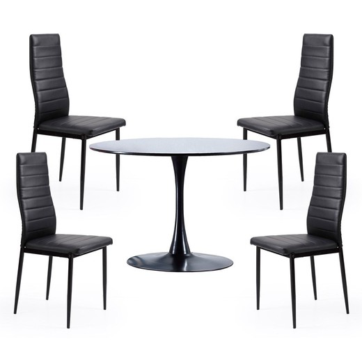 Conjunto de Comedor, 1 mesa redonda y 4 sillas en negro | Gina - Niza