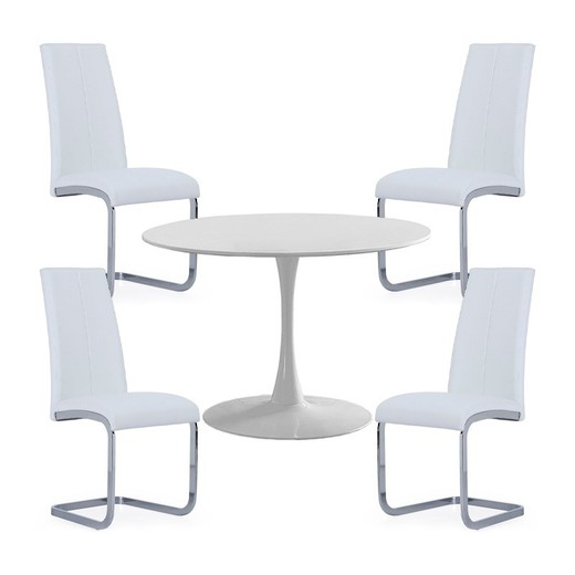 Conjunto de Comedor, 1 mesa redonda blanca y 4 sillas en color blanco | Gina - Smile