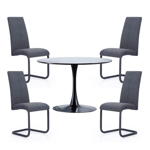 Conjunto de Comedor, 1 mesa redonda negra y 4 sillas tapizadas en gris| Gina - Smile