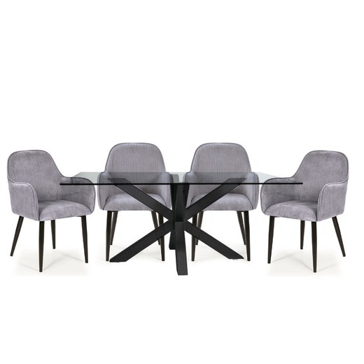 Paula dining set, 1 glass table and 4 gray upholstered chairs