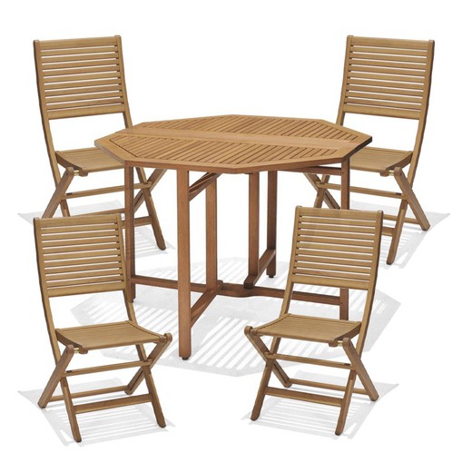 Buitenset, 1 achthoekige houten tafel en 4 houten stoelen