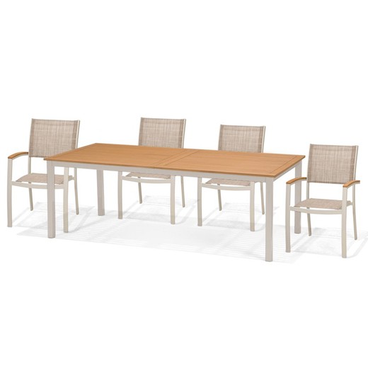 Set da giardino, 1 tavolo e 4 sedie in alluminio grigio e legno naturale