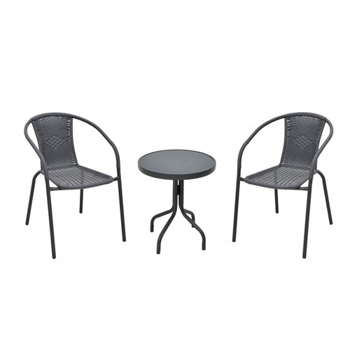 Conjunto para terraço ao ar livre 2 cadeiras e mesa, aço preto/cinza