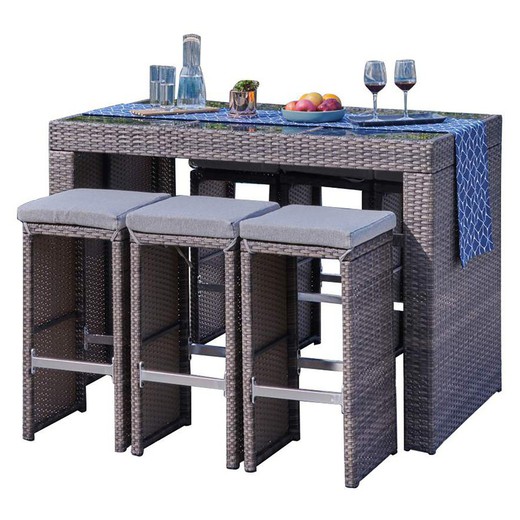Set med högt bord och 6 trädgårdspallar i syntetisk rotting och stål