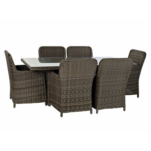 Brown Synthetic Rattan Garden Dining Table and 6 Armchairs Set
