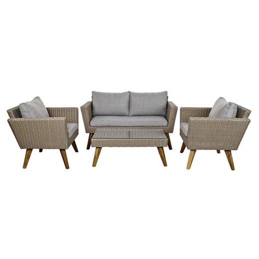 Ensemble de table, canapé et 2 fauteuils avec coussins de jardin en rotin synthétique gris