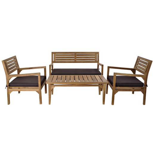 Set van tafel, bank en 2 fauteuils met natuurlijke/zwarte teak tuinkussens