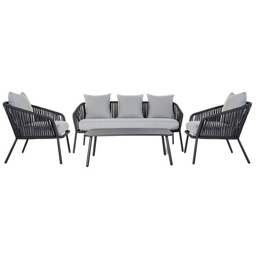 Set med bord, soffa och 2 fåtöljer i aluminium och svart/grå rep