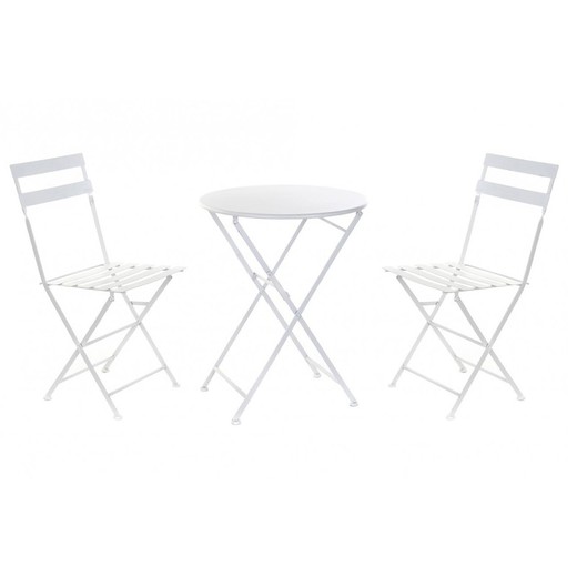 Set med trädgårdsbord i vit metall och 2 stolar