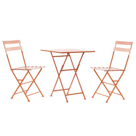 Gartentisch und 2 Stühle aus korallenrotem Metall