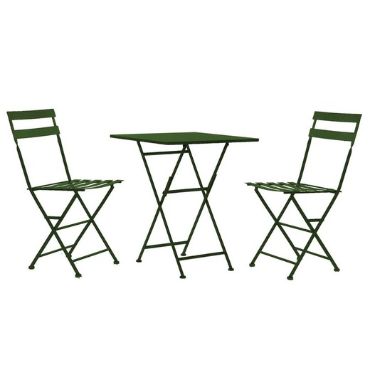 Set med grönt metall trädgårdsbord och 2 stolar