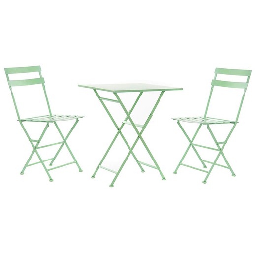 Set med mintgrön metall trädgårdsbord och 2 stolar