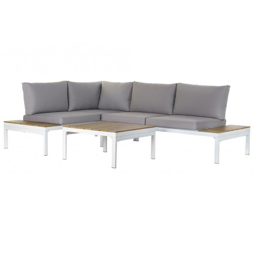 Set da tavolo e divano ad angolo da giardino in acciaio grigio/bianco/naturale