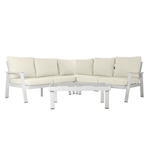 Conjunto de mesa e sofá de canto de jardim em aço L bege/branco/natural