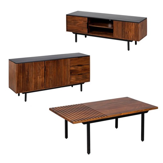 Conjunto mueble de salón madera, incluye mesa, apilable y aparador.