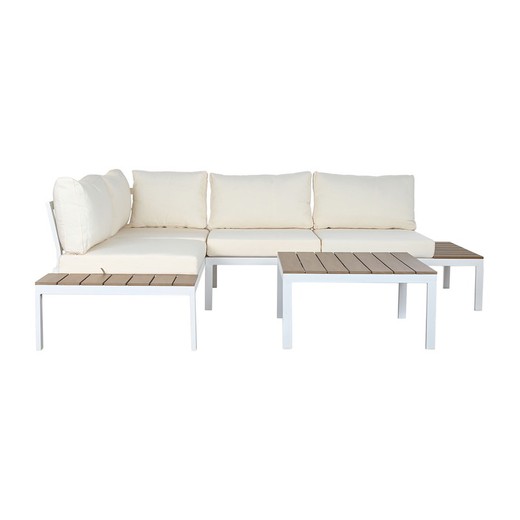 Steel, fabric and resin garden sofa set in white and beige, 228 x 73 x 79 cm | Sea Side