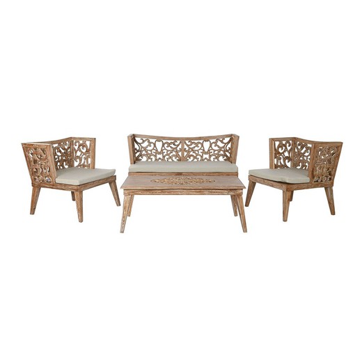 Conjunto de sofá de jardim em madeira de teca e tecido natural e bege, 138 x 68 x 77 cm | exótico