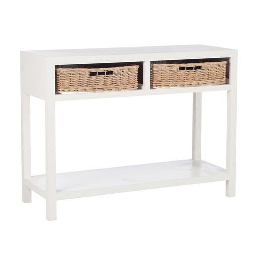 Console with 2 Wood Baskets and White Rattan, 110'5x44x82 cm