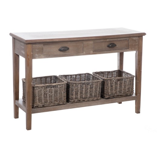 Console with 2 Drawers and 3 Baskets in Aged Gray Wood, 120x40x80 cm