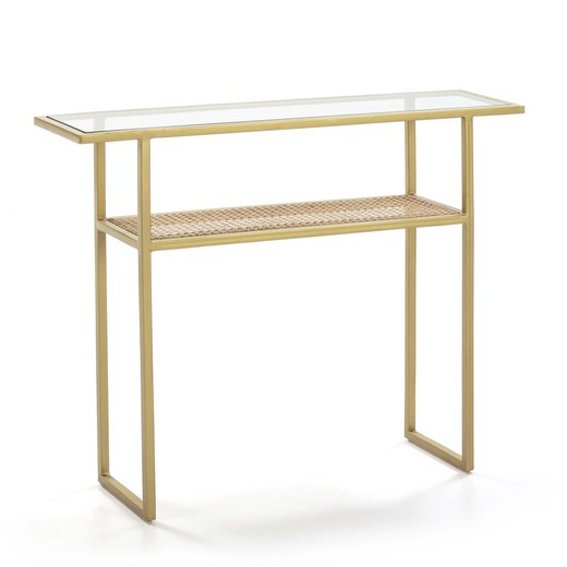 Glass, rattan and gold metal console, 100x27x80 cm