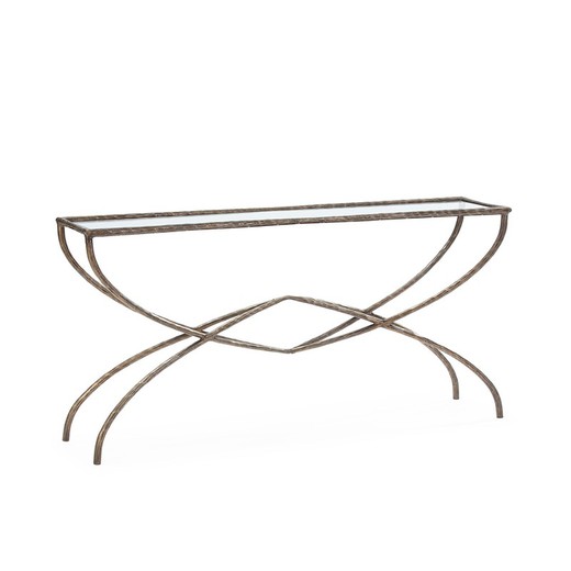 Τραπέζι κονσόλας από επιχρυσωμένο σίδηρο και γυαλί, 156 x 35 x 78 cm