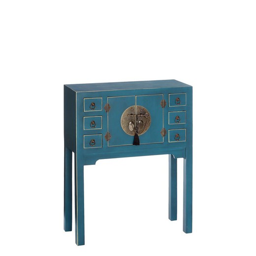 Consola de madera y metal en azul y oro, 63 x 26 x 80 cm | Oriente